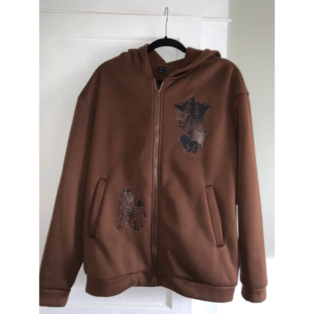Romwe Mens Brown Skeleton Floral Graphic Zip Up Hoodie Oversized Sweatshirt L